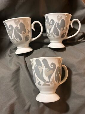 Mary Kay White Mugs with Gray Heart Scroll Design - Set of 3